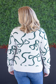 WAREHOUSE Ribbons Sweater - Ivory and Hunter Green