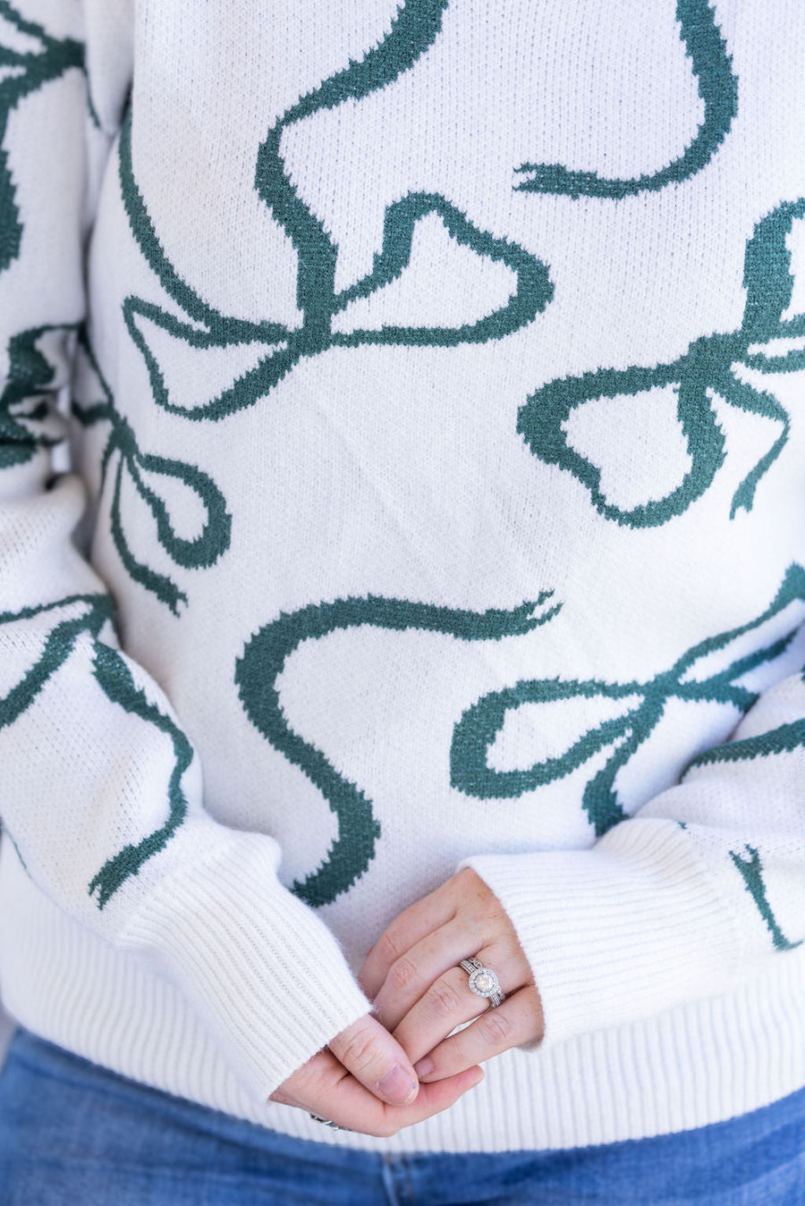 WAREHOUSE Ribbons Sweater - Ivory and Hunter Green
