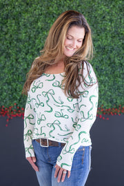 WAREHOUSE Alyssa Long Sleeve Top - Green Ribbons