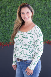 WAREHOUSE Alyssa Long Sleeve Top - Green Ribbons