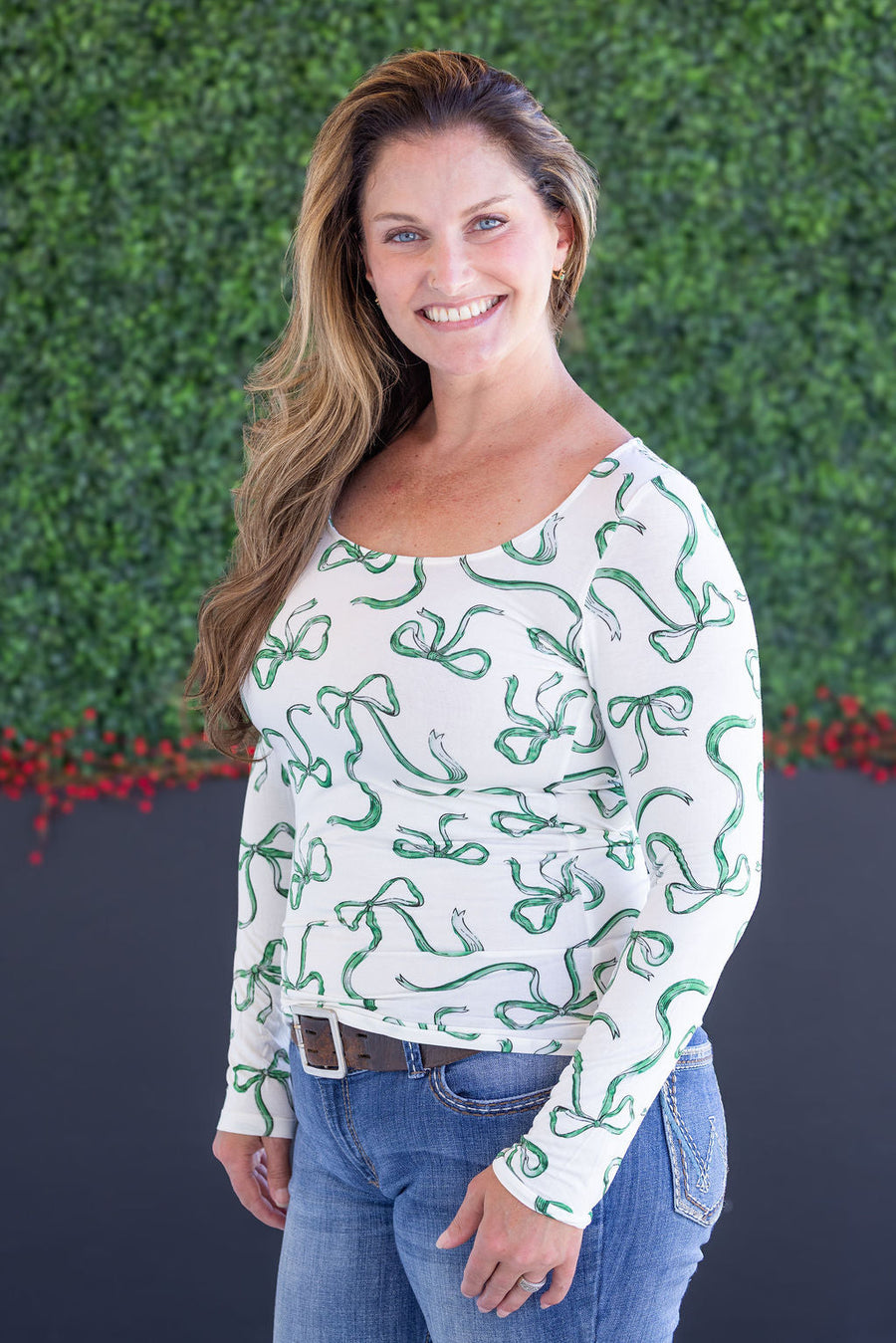 WAREHOUSE Alyssa Long Sleeve Top - Green Ribbons