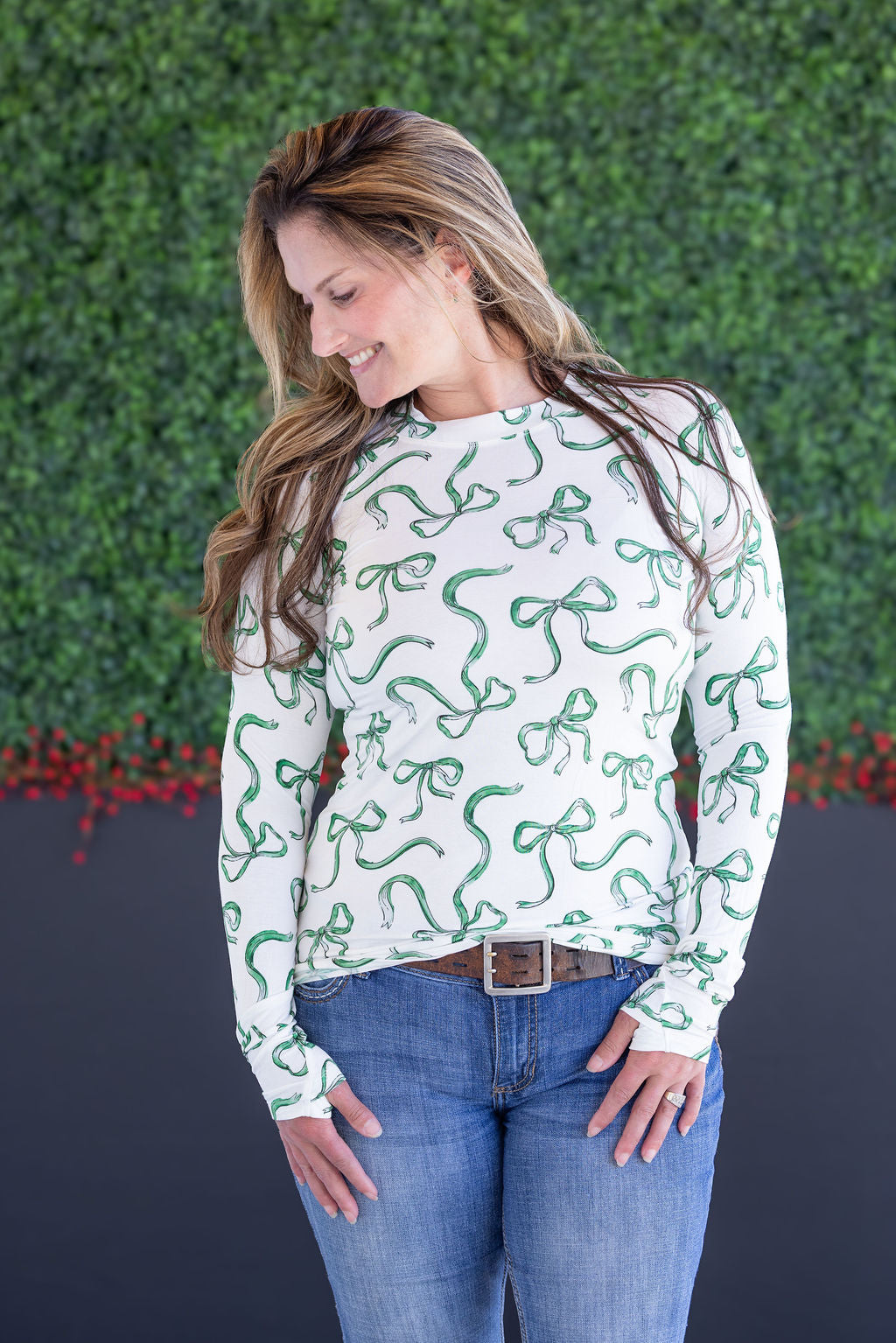 WAREHOUSE Blair Long Sleeve Top - Green Ribbons