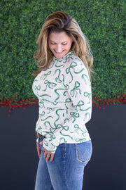WAREHOUSE Blair Long Sleeve Top - Green Ribbons
