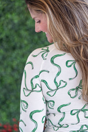 WAREHOUSE Blair Long Sleeve Top - Green Ribbons