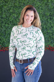 WAREHOUSE Blair Long Sleeve Top - Green Ribbons