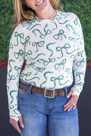 WAREHOUSE Blair Long Sleeve Top - Green Ribbons