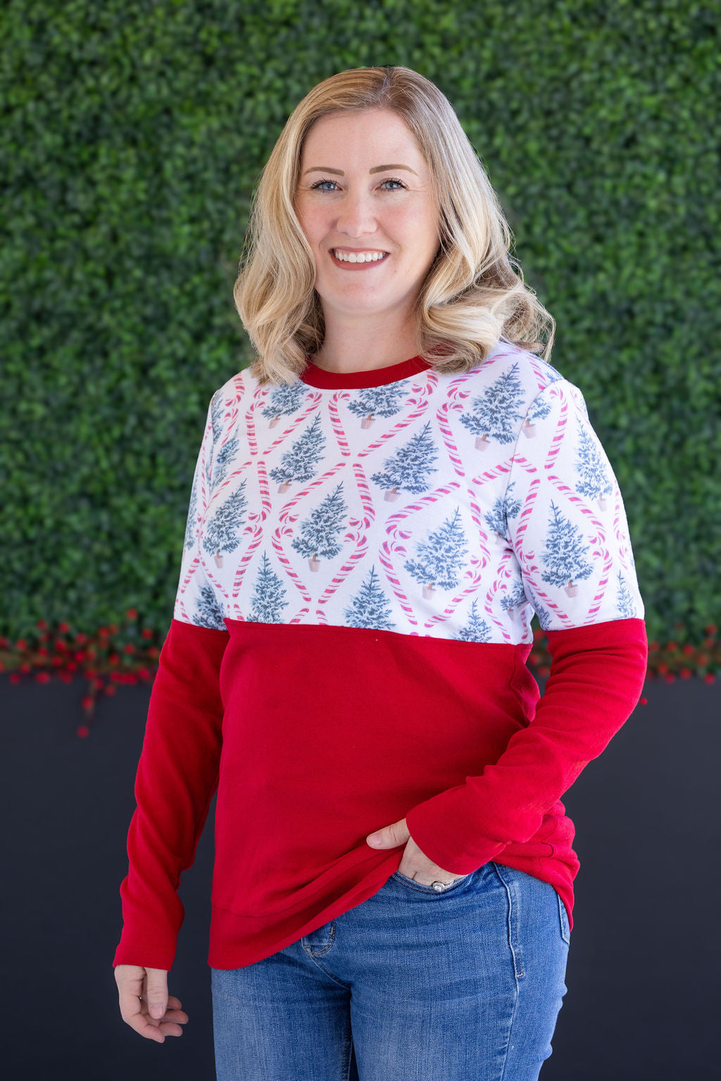WAREHOUSE Natalie Pullover - Candy Cane Lane and Red