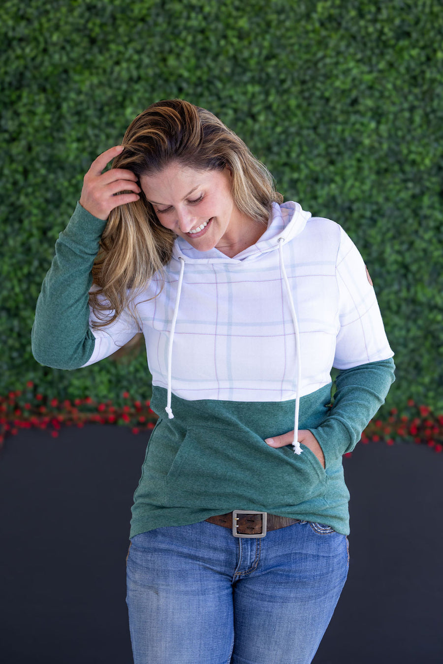 WAREHOUSE Hailey Pullover Hoodie - Mint and Red Plaid and Evergreen