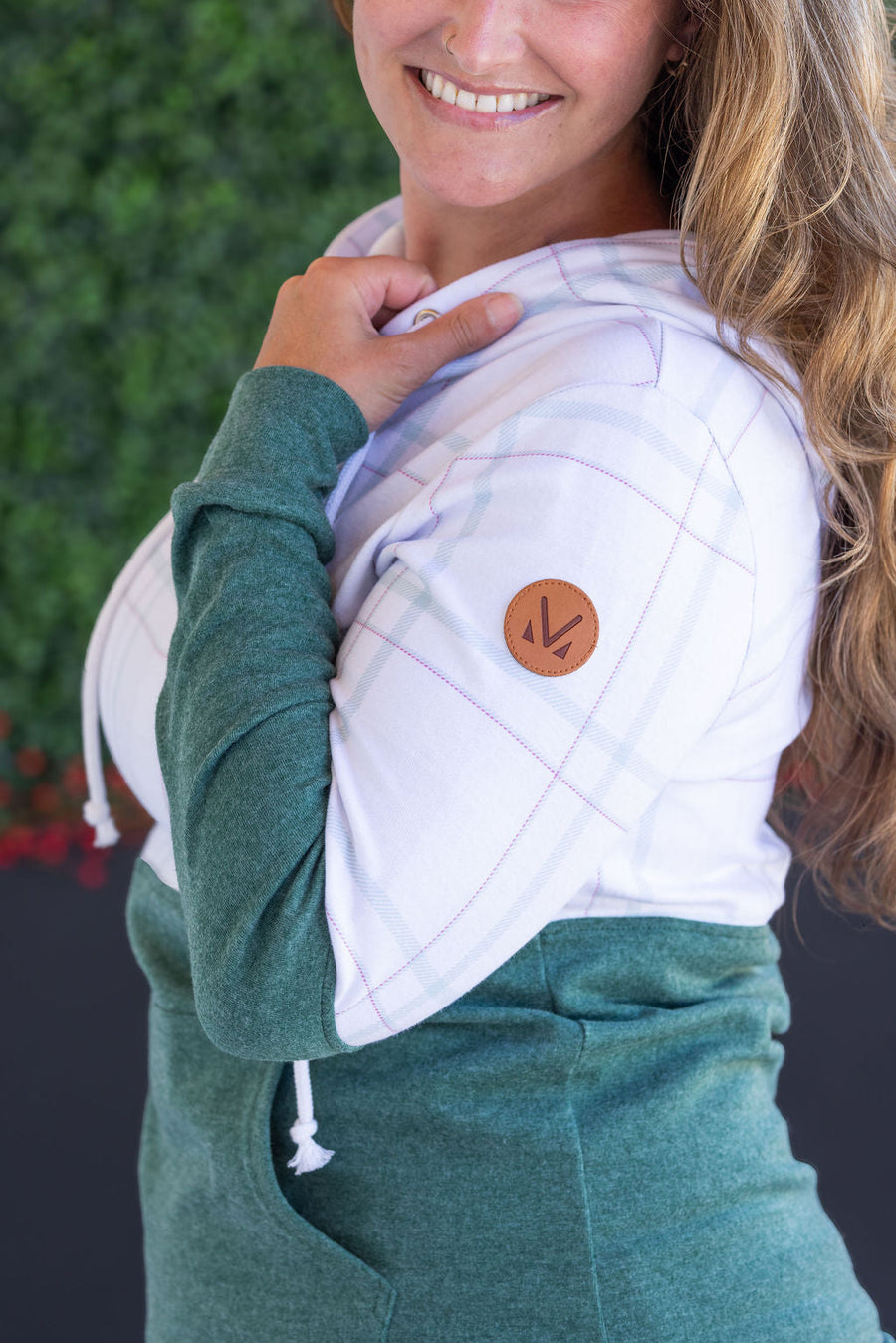 WAREHOUSE Hailey Pullover Hoodie - Mint and Red Plaid and Evergreen