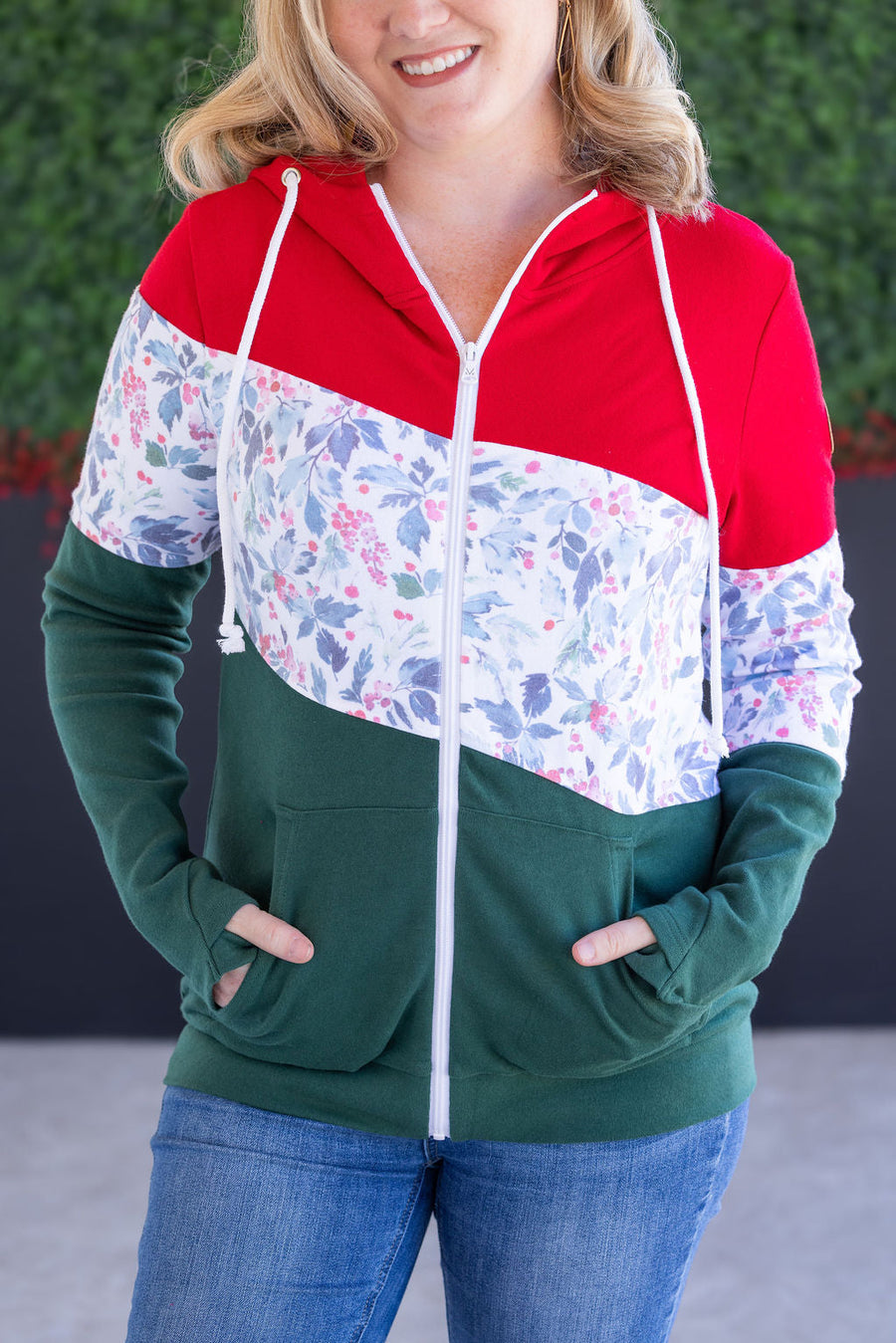 WAREHOUSE Colorblock Fullzip - Red, Winter Berry, Evergreen