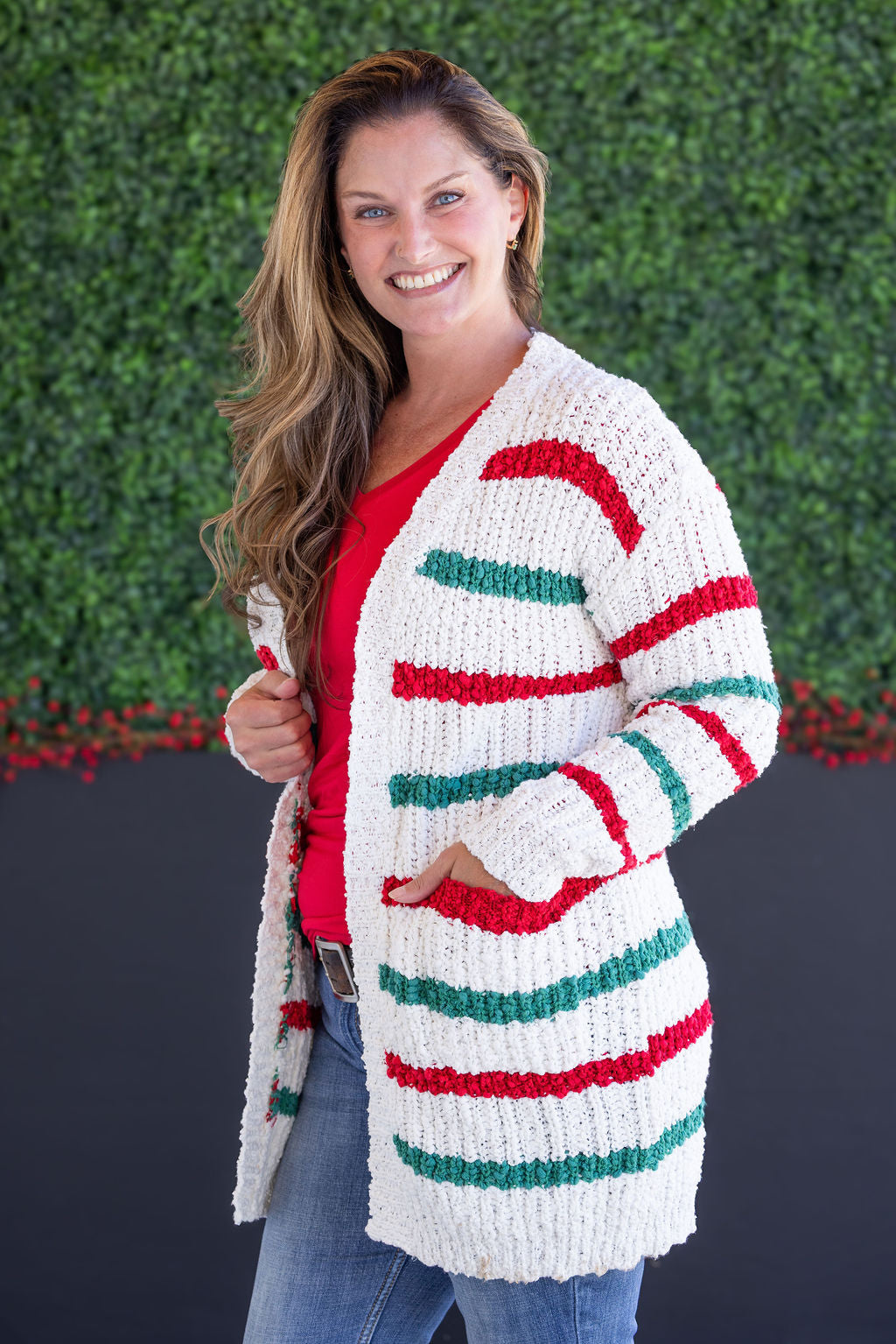 WAREHOUSE Stripe Cardigan - Christmas Stripe