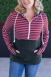 WAREHOUSE Soft Classic HalfZip Hoodie - Evergreen and Burgundy Stripes