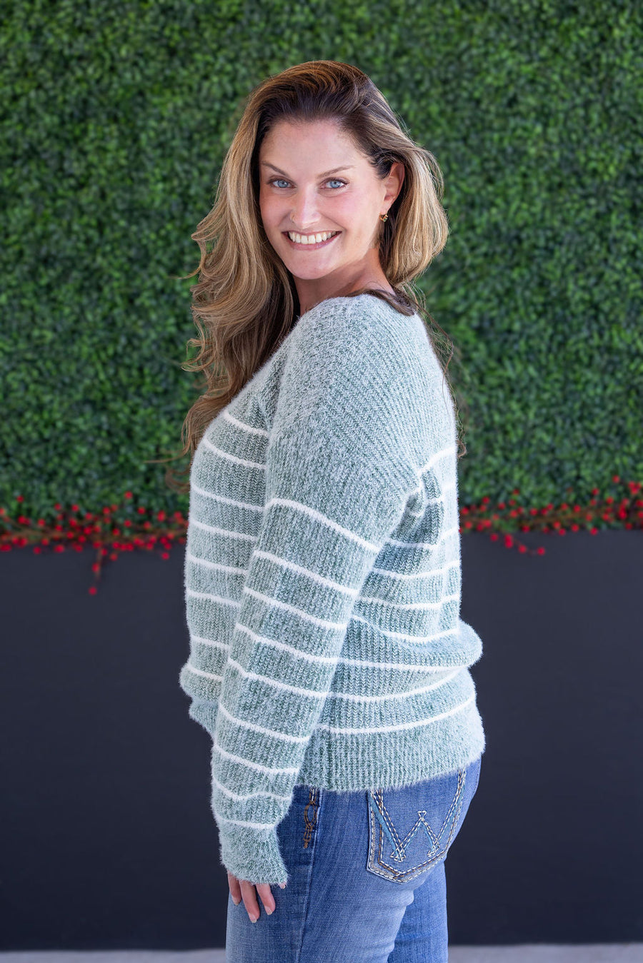 WAREHOUSE Cozy Striped Sweater - Green
