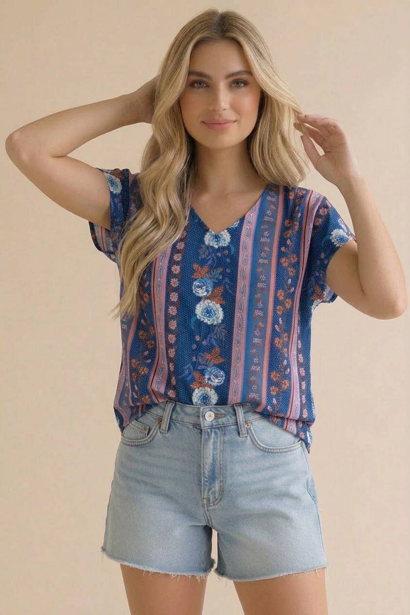V-Neck Geometric Boho Blouse- Navy