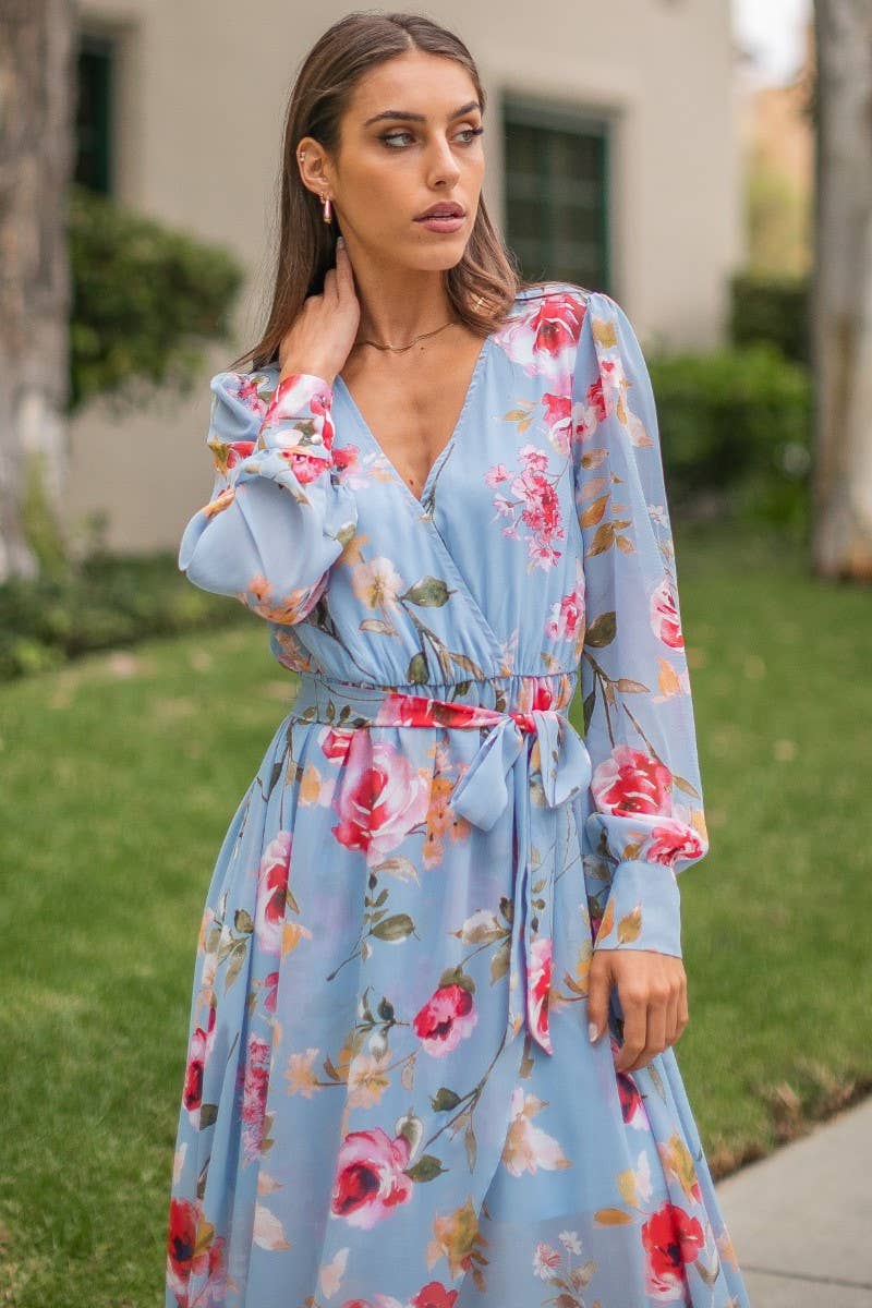 Faux Wrap Hi Low Dress- Perwinkle Floral