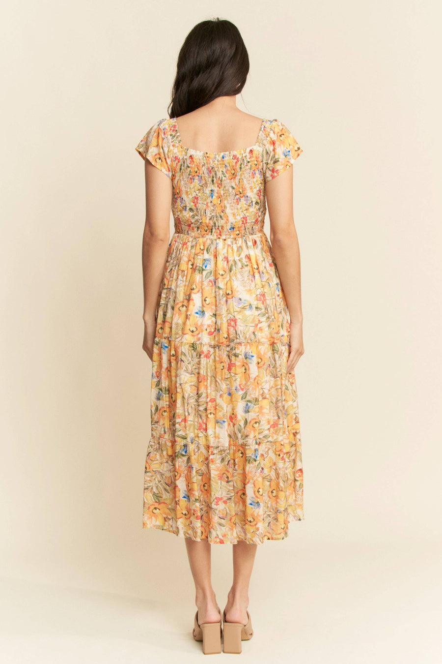 Smocked Bodice Flutter Sleeve Midi Dress- Sunshine Floral