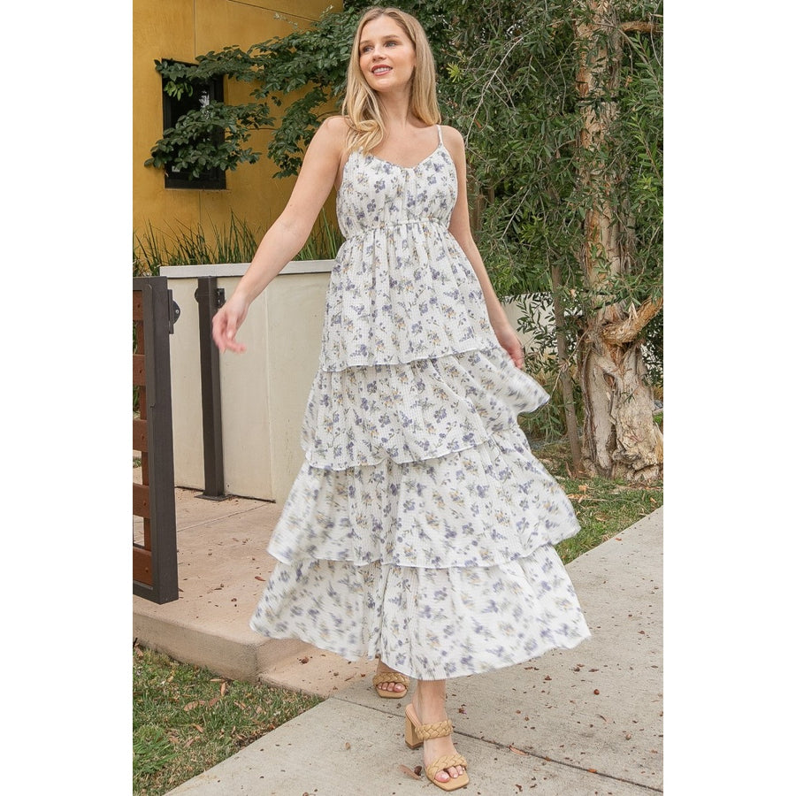 Floral Print Tiered Maxi Dress- Blue
