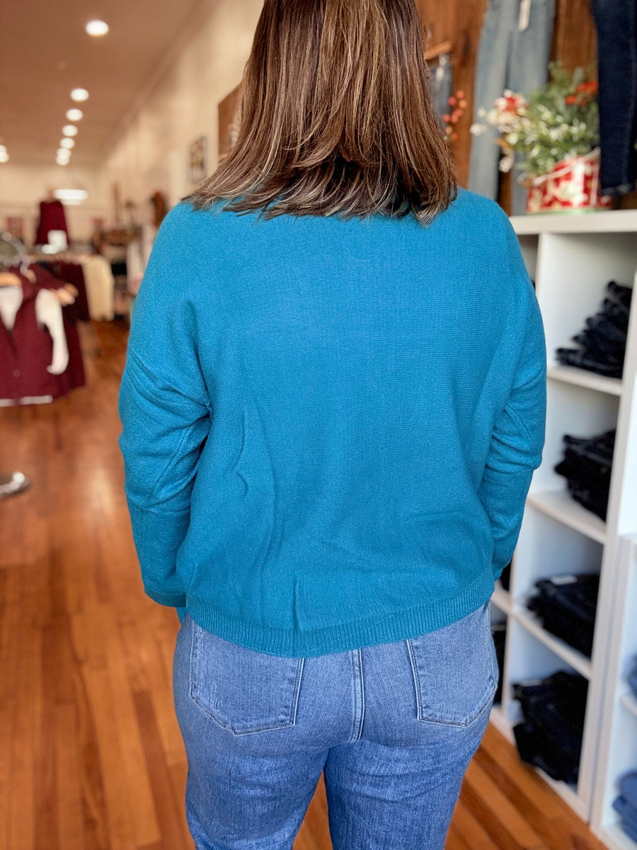 Front Seam Round-Neck Sweater- Ocean Teal
