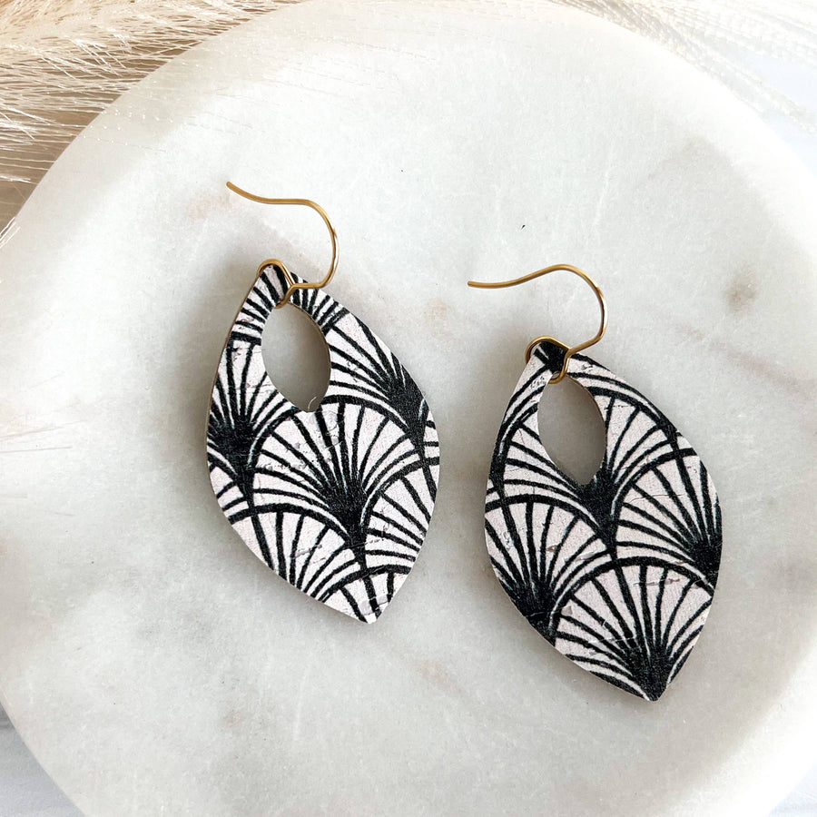 Black and White Boho Arch Leather Teardrop Earrings : Silver Wires