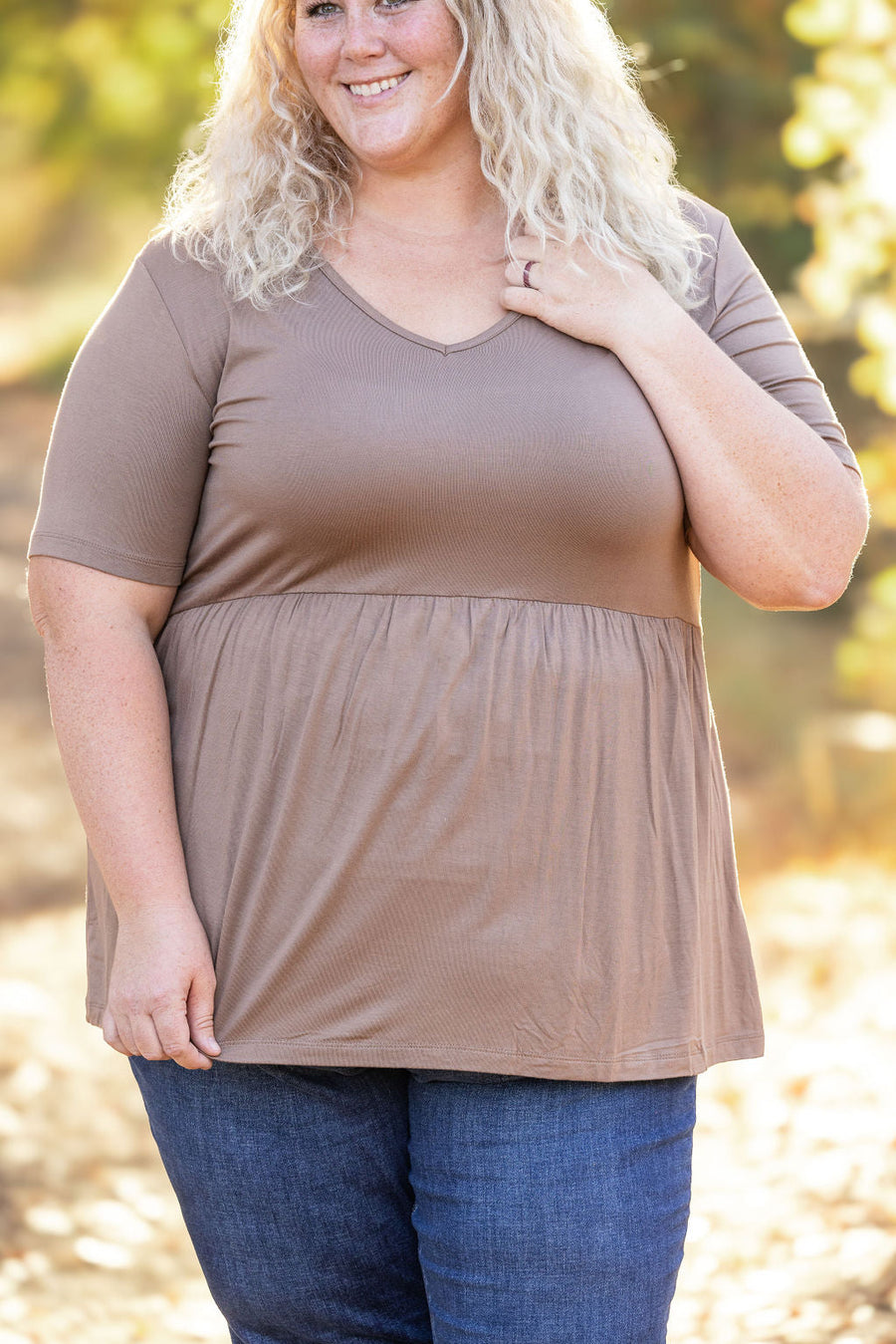 WAREHOUSE Sarah Ruffle Short Sleeve - Mocha FINAL SALE
