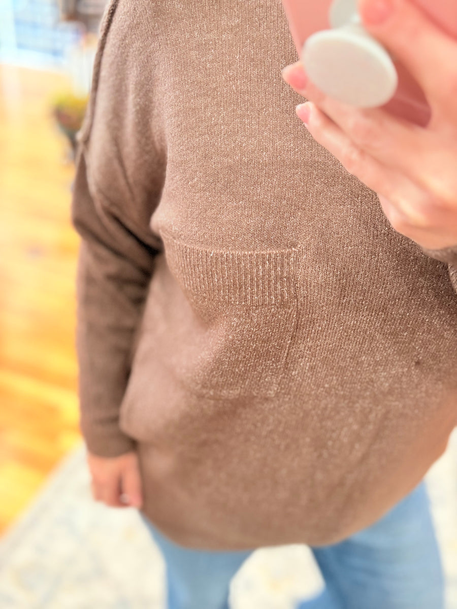 Melange Hi-Low Hem Pocket Sweater- Chocolate