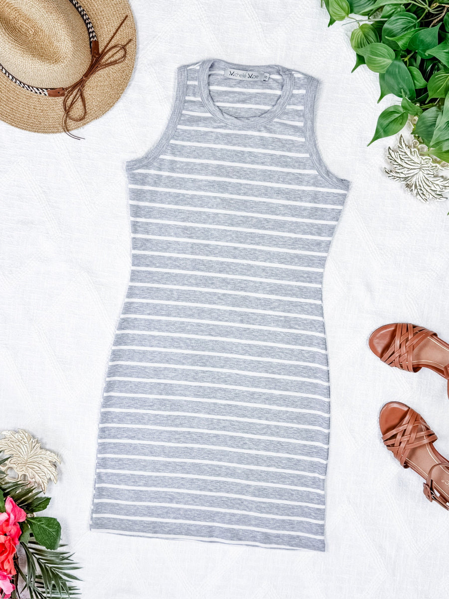 WAREHOUSE Mariah Ribbed Dress - Grey Stripes