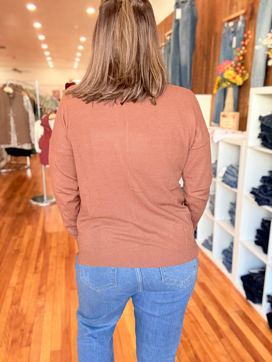 Front Seam Sweater with Side Slits- Camel