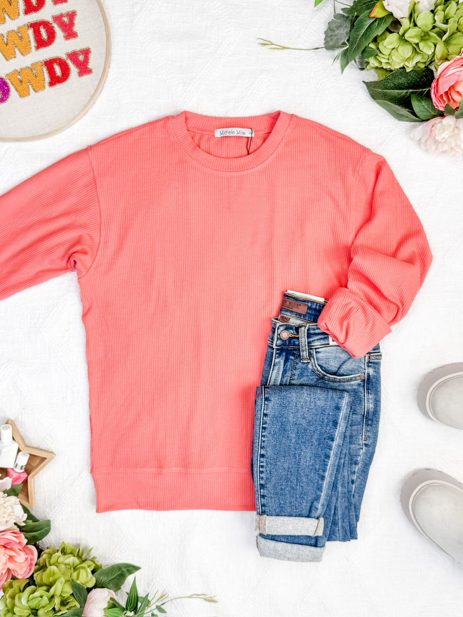 WAREHOUSE Corrine Ribbed Pullover Top - Coral