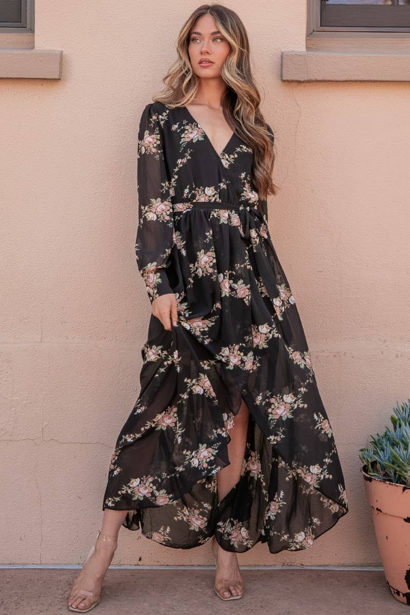 Faux Wrap Hi Low Dress- Black Floral