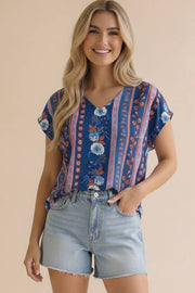 V-Neck Geometric Boho Blouse- Navy