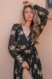 Faux Wrap Hi Low Dress- Black Floral