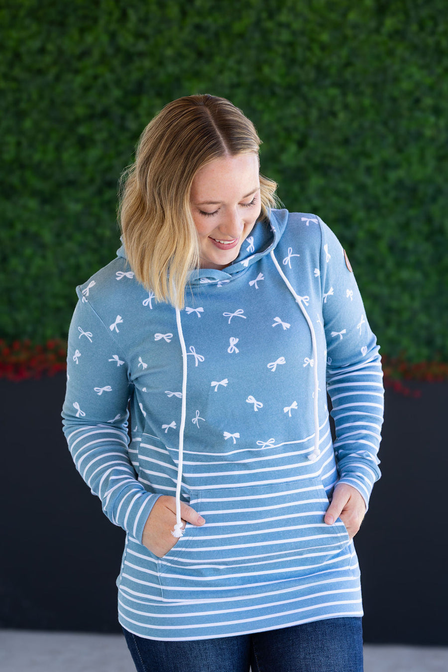 WAREHOUSE Hailey Pullover Hoodie - Teal Ribbons and Stripes