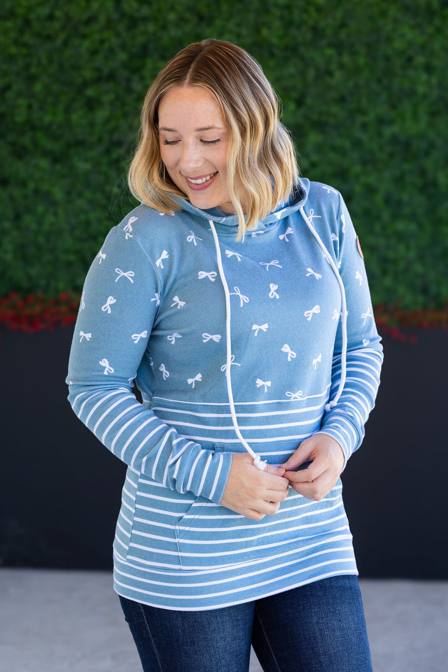 WAREHOUSE Hailey Pullover Hoodie - Teal Ribbons and Stripes