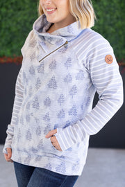 WAREHOUSE Classic Zoey ZipCowl Sweatshirt - Grey Trees and Stripes