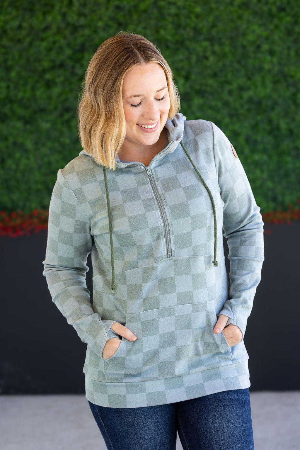 WAREHOUSE HalfZip Hoodie - Olive Checkers