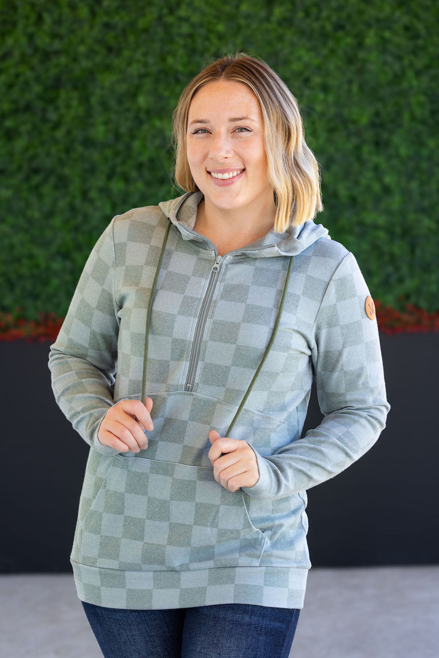 WAREHOUSE HalfZip Hoodie - Olive Checkers