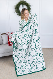 WAREHOUSE Plush and Fuzzy Blanket - White and Green Ribbons