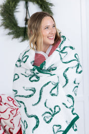 WAREHOUSE Plush and Fuzzy Blanket - White and Green Ribbons