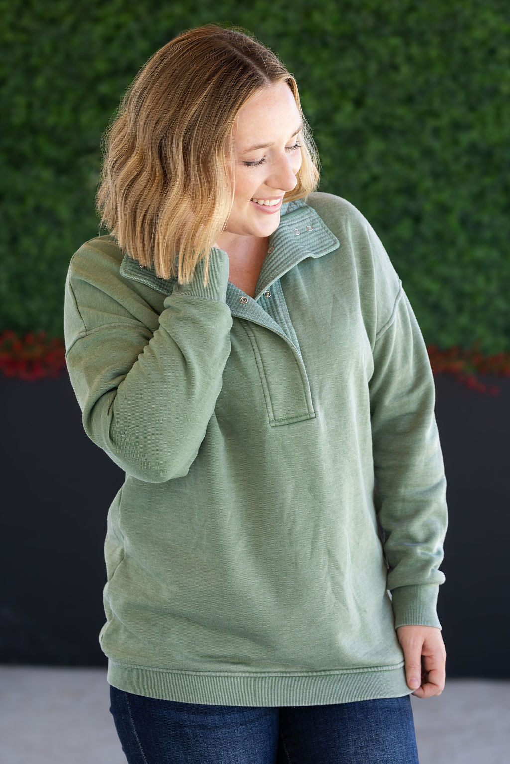 WAREHOUSE Jesse Vintage Wash Snap Pullover - Olive