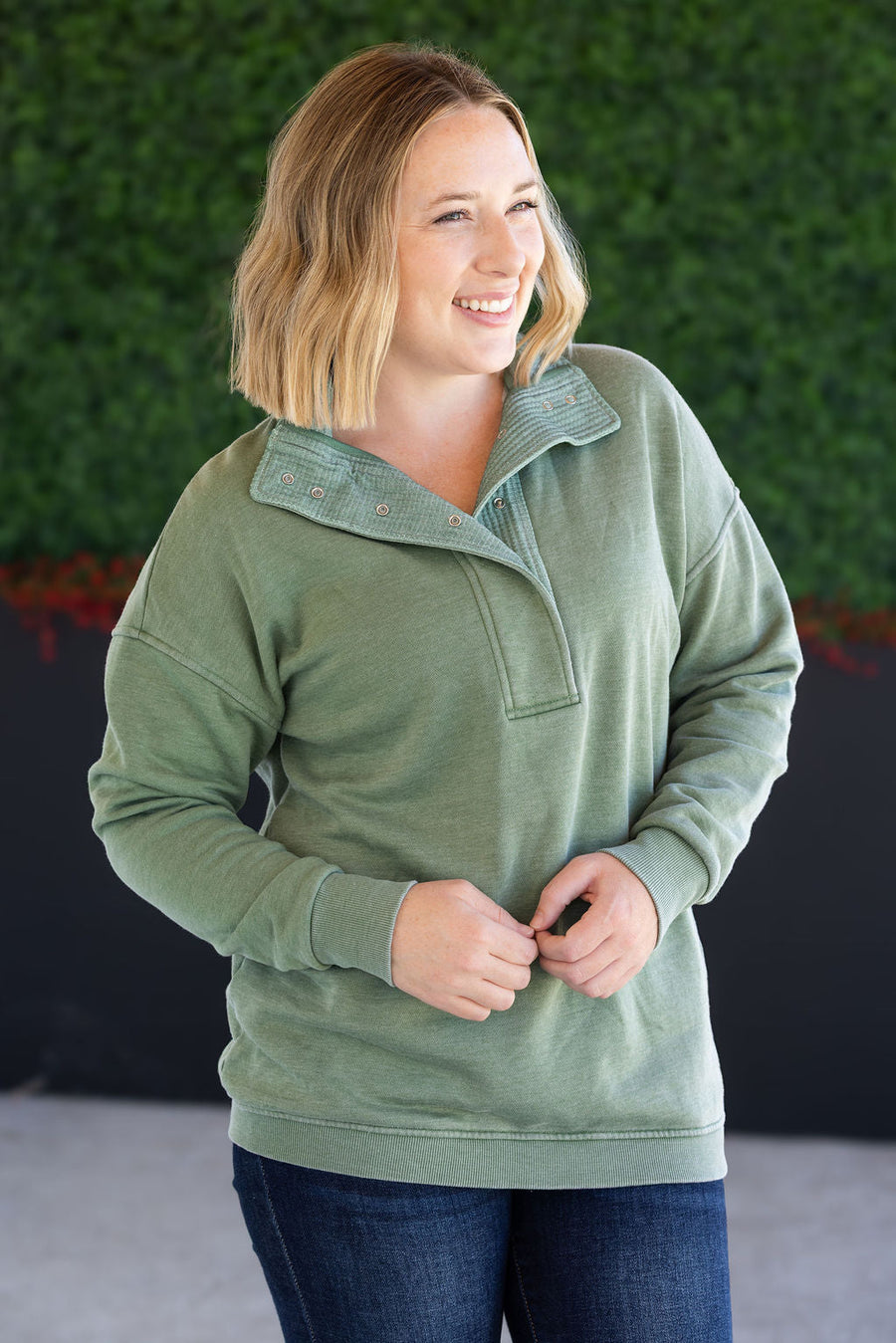 WAREHOUSE Jesse Vintage Wash Snap Pullover - Olive