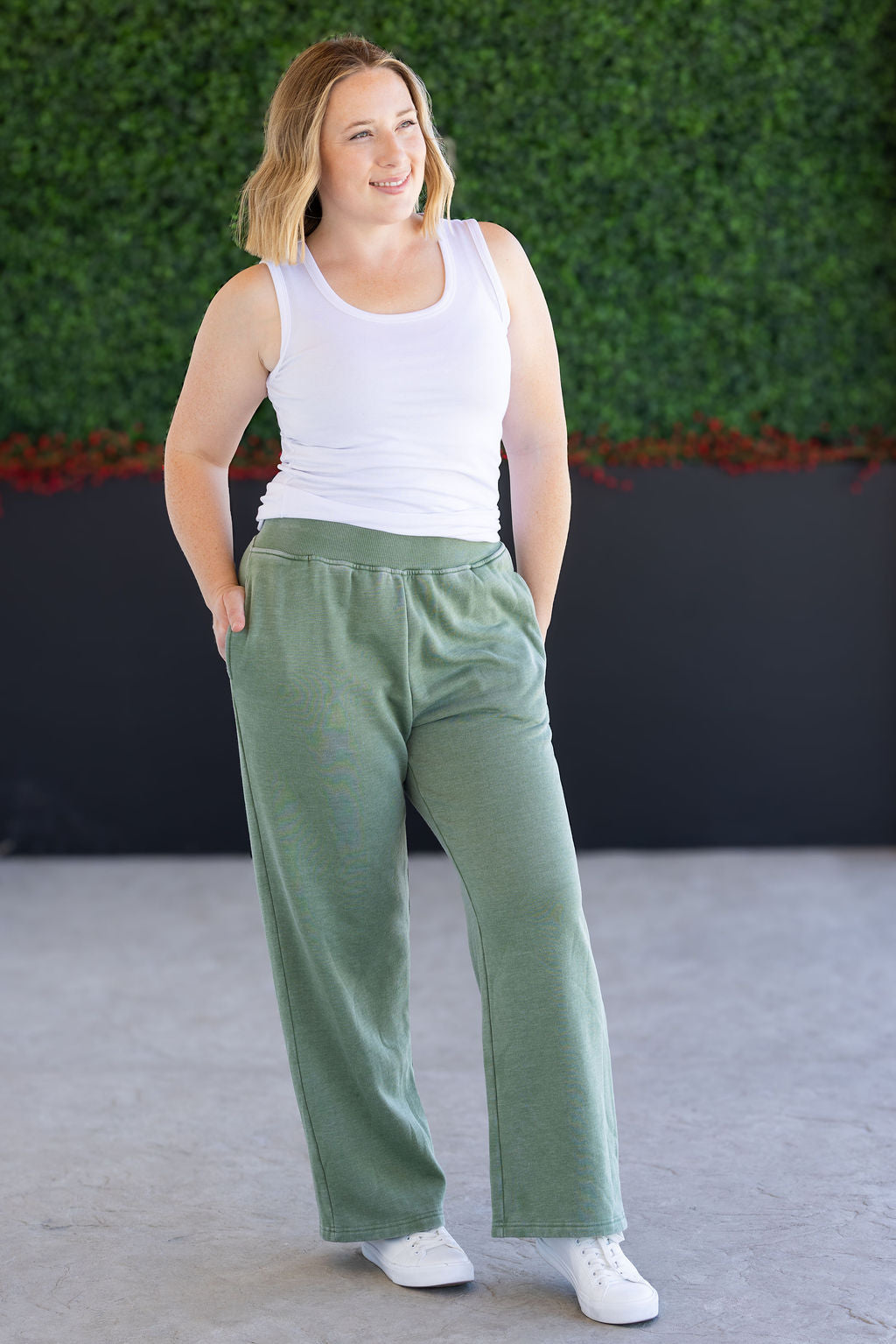 WAREHOUSE Wide Leg Vintage Wash Bottoms - Olive