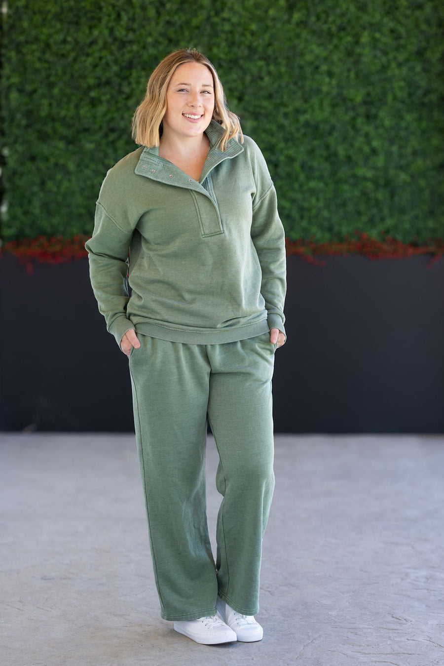 WAREHOUSE Wide Leg Vintage Wash Bottoms - Olive