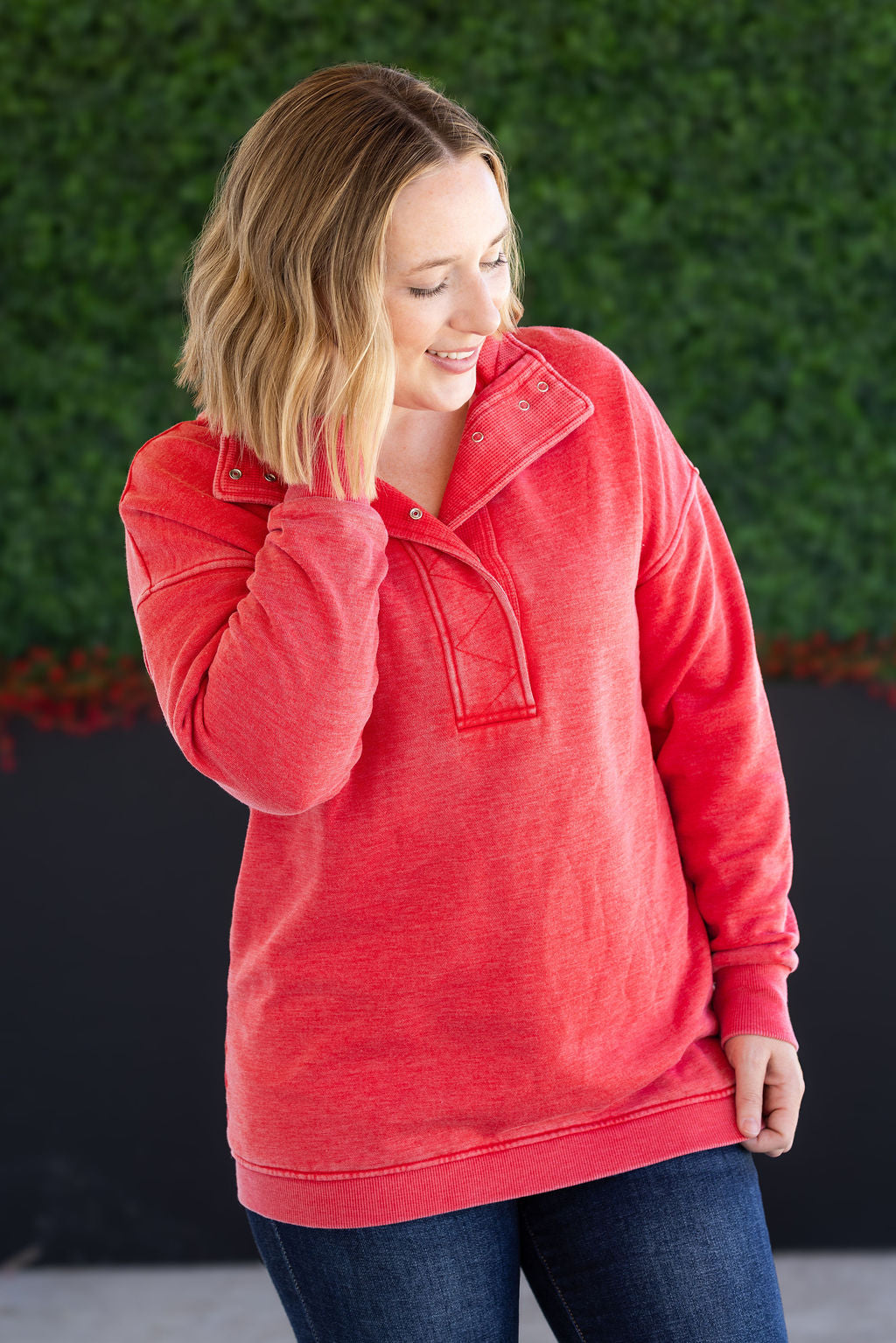 WAREHOUSE Jesse Vintage Wash Snap Pullover - Red
