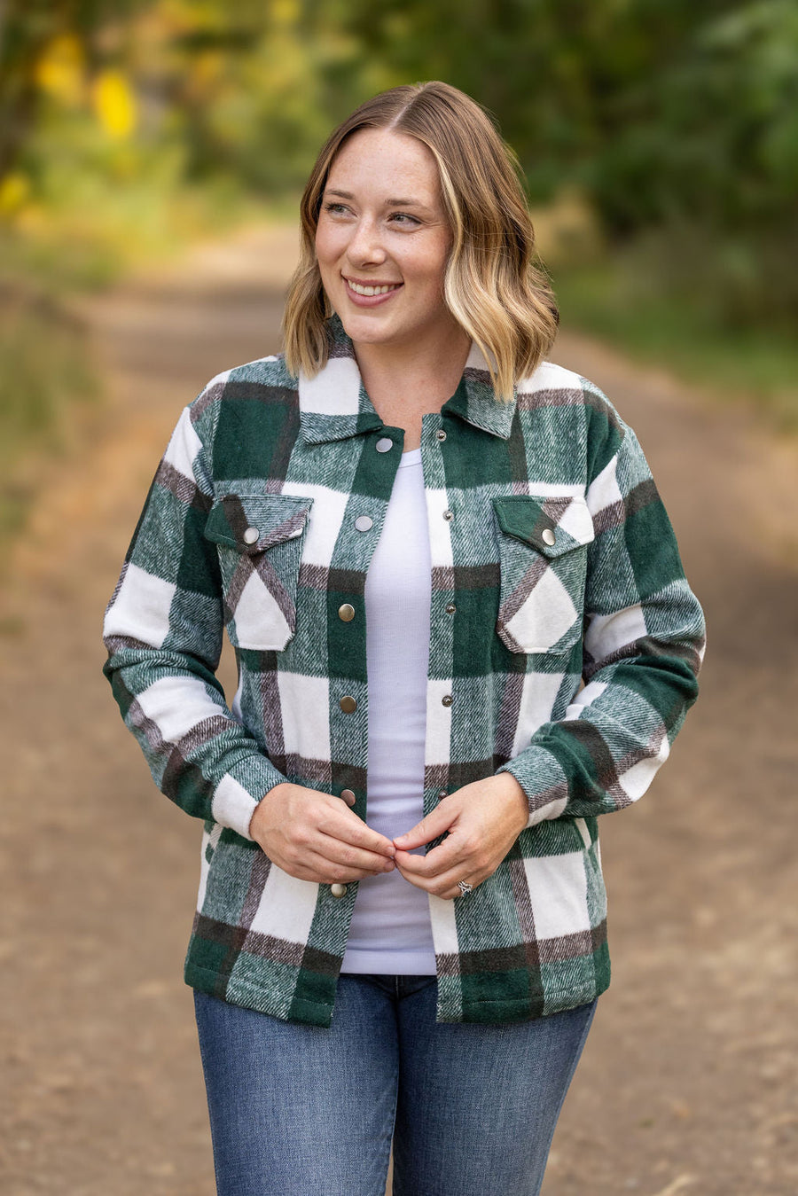 WAREHOUSE Norah Plaid Shacket - Evergreen and White