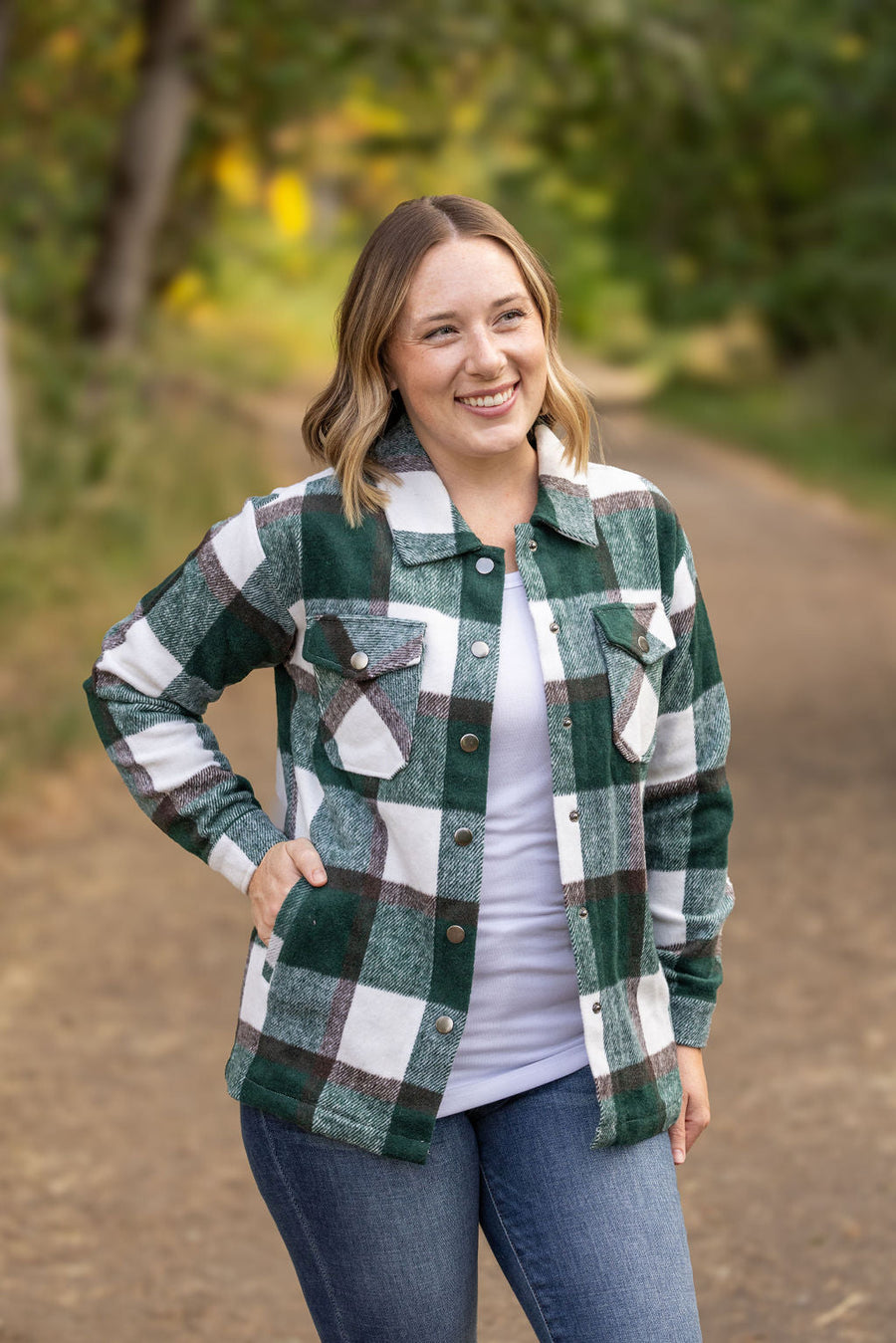 WAREHOUSE Norah Plaid Shacket - Evergreen and White