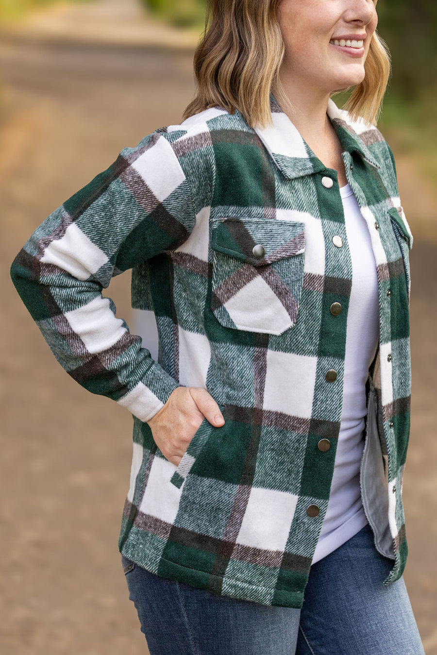 WAREHOUSE Norah Plaid Shacket - Evergreen and White