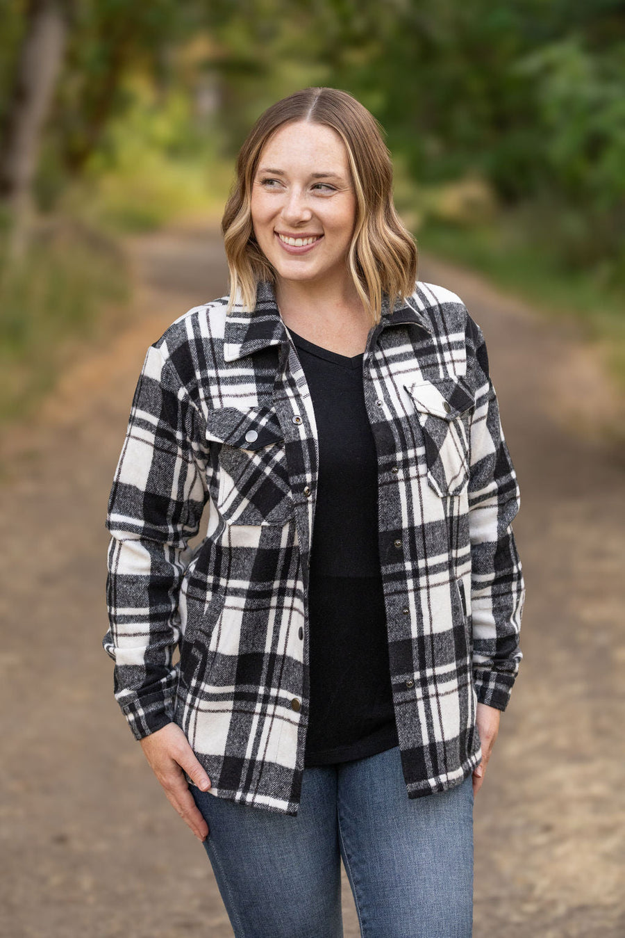 WAREHOUSE Norah Plaid Shacket - Ivory and Black