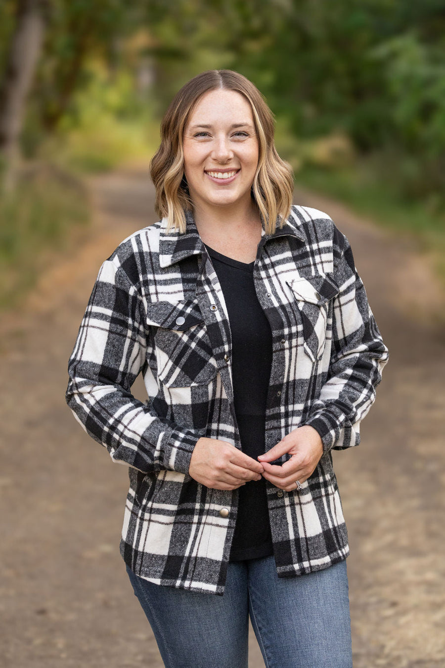 WAREHOUSE Norah Plaid Shacket - Ivory and Black