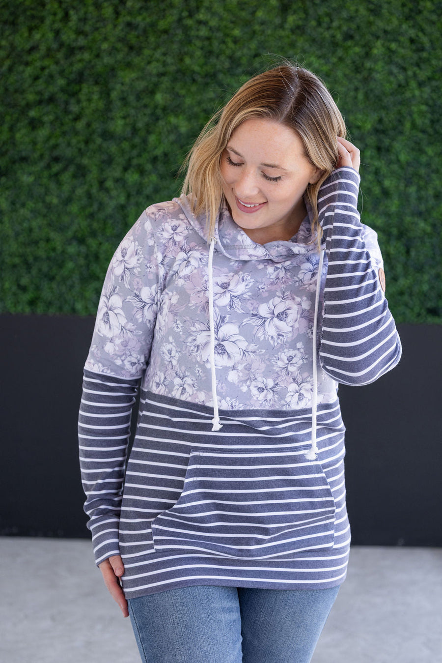 WAREHOUSE Hailey Pullover Hoodie - Vintage Grey Floral and Stripes