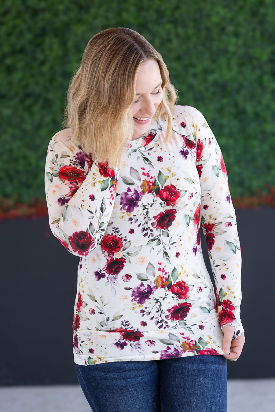 WAREHOUSE Blair Long Sleeve Top - Burgundy Bloom